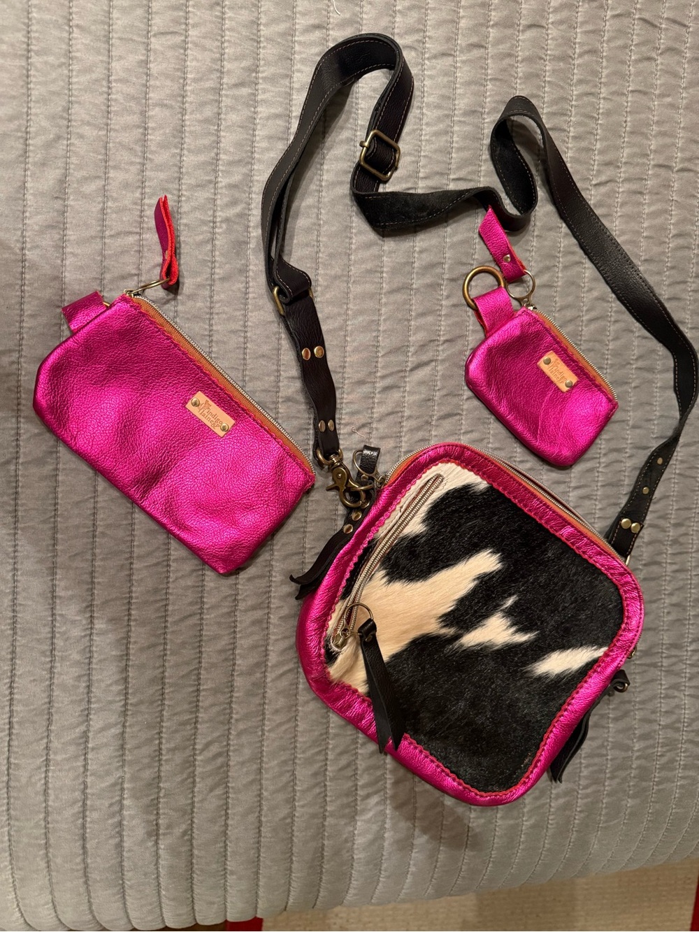 Hot Pink All Leather Crossbody Bag Set with Hair on Hide Cow Accent
